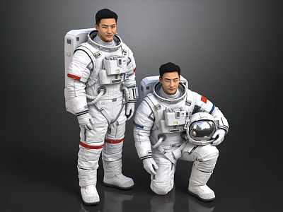 Two Astronauts In White Spacesuits With Red Stripes Standing And Kneeling 3d model