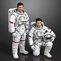 Two Astronauts In White Spacesuits With Red Stripes Standing And Kneeling