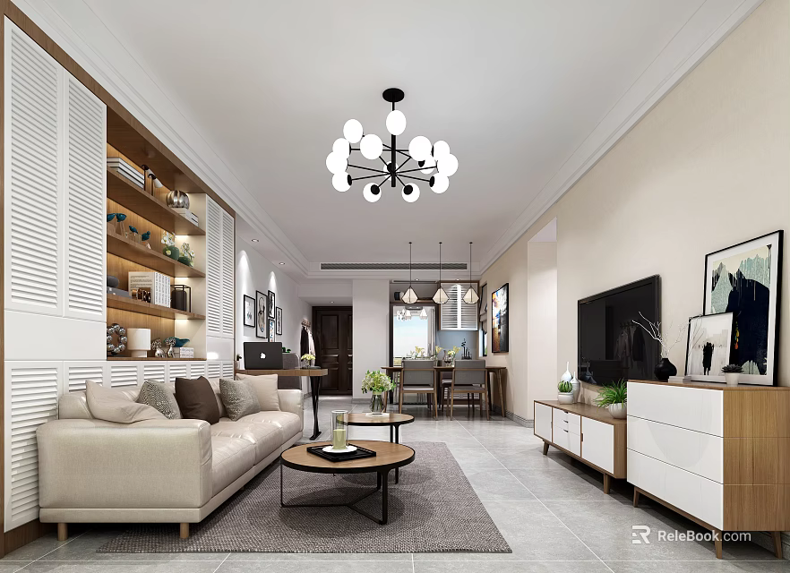 Modern Living Room Interior Design With Beige Sofa Coffee Table TV Bookshelf And Chandelier 3d model 