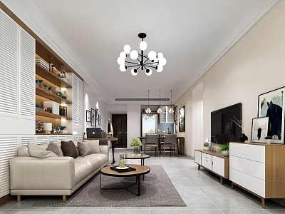 Modern Living Room Interior Design With Beige Sofa Coffee Table TV Bookshelf And Chandelier 3d model