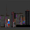3D City Skyline Night View with Tall Buildings Various Shapes Heights Colorful Neon Lights Reflections