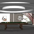 Elegant Modern Billiard Room Interior With Circular Ceiling Light Staircase Potted Plant And Decorative Painting