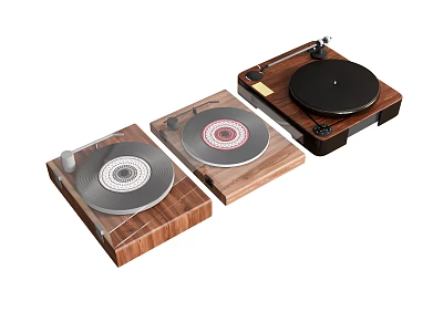 Classic Decorative Ornament Set Featuring Vinyl Record Players with Wooden Bases and Transparent Covers 3d model