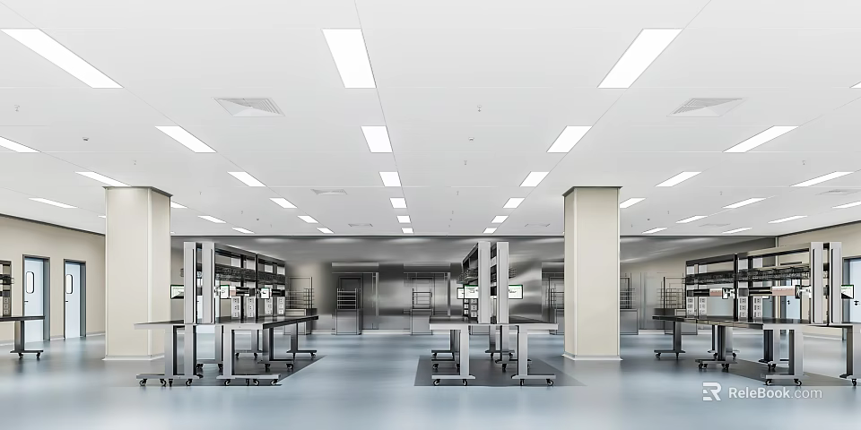Spacious Industrial Laboratory Interior With Metal Shelves And Mobile Carts 3d model 