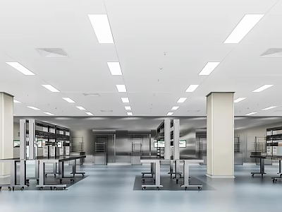 Spacious Industrial Laboratory Interior With Metal Shelves And Mobile Carts 3d model