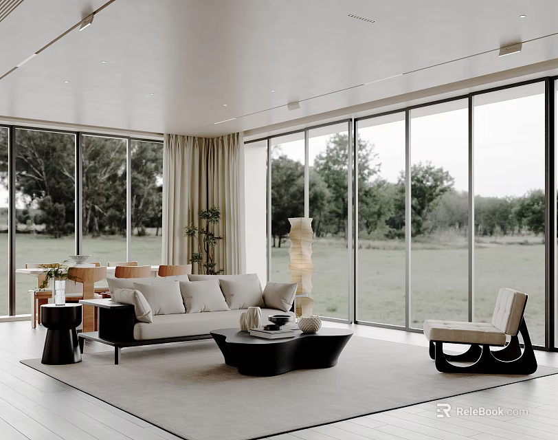 Modern Living and Dining Area With Large Windows Sofa Dining Table And Chairs 3d model 
