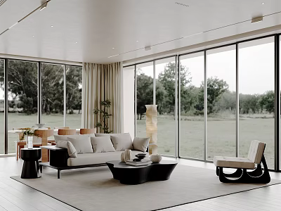Modern Living and Dining Area With Large Windows Sofa Dining Table And Chairs 3d model