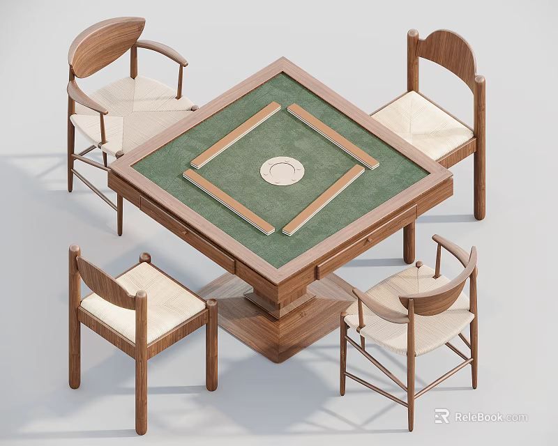 Square Entertainment Table With Green Felt Surface Central Circular Area And Four Wooden Chairs 3d model 