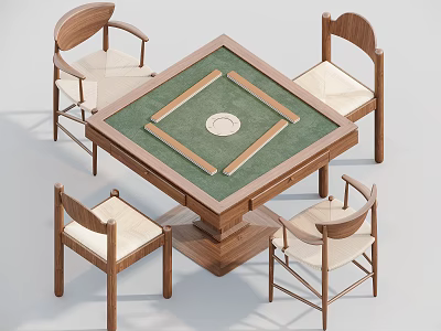 Square Entertainment Table With Green Felt Surface Central Circular Area And Four Wooden Chairs 3d model