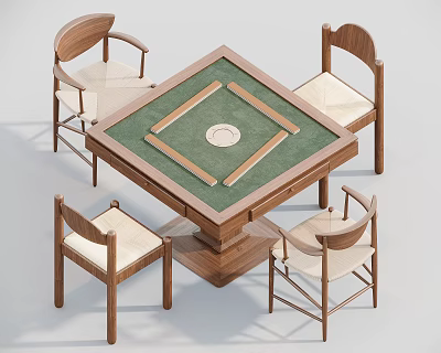 Square Entertainment Table With Green Felt Surface Central Circular Area And Four Wooden Chairs 3d model