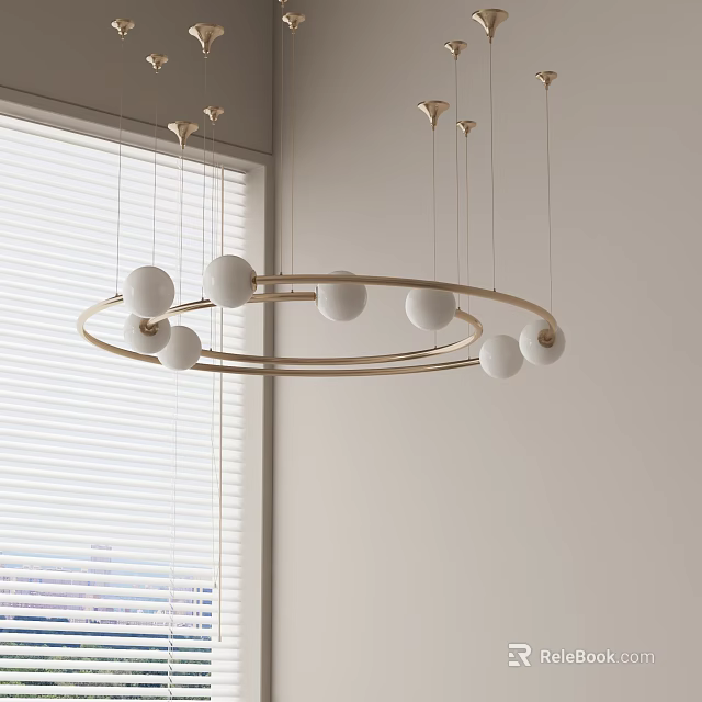 Modern Circular Chandelier With White Spherical Shades And Gold Frame In Interior Space 3d model 