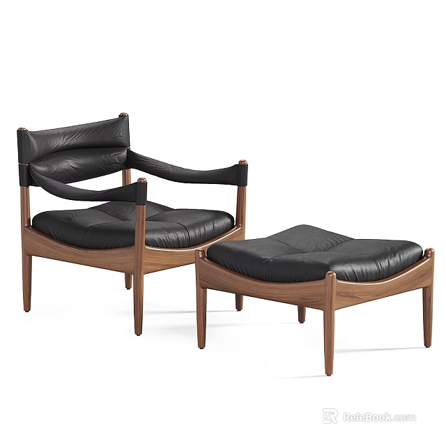 Modern Black Leather Lounge Chair With Walnut Wooden Frame And Ottoman 3d model 
