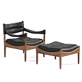 Modern Black Leather Lounge Chair With Walnut Wooden Frame And Ottoman