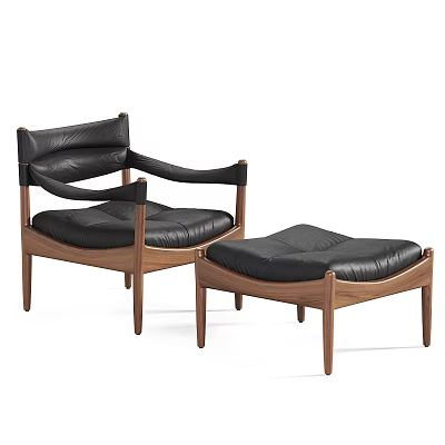 Modern Black Leather Lounge Chair With Walnut Wooden Frame And Ottoman 3d model