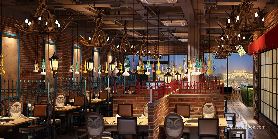 Cozy Hot Pot Restaurant Interior With Brick Walls Chandeliers And Colorful Glass Lamps 3d model 