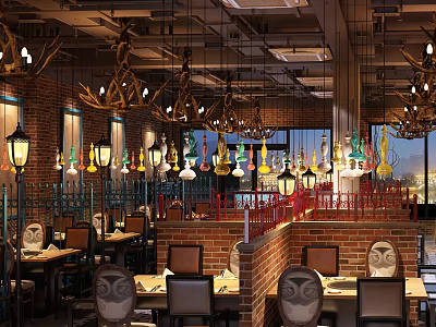 Cozy Hot Pot Restaurant Interior With Brick Walls Chandeliers And Colorful Glass Lamps 3d model