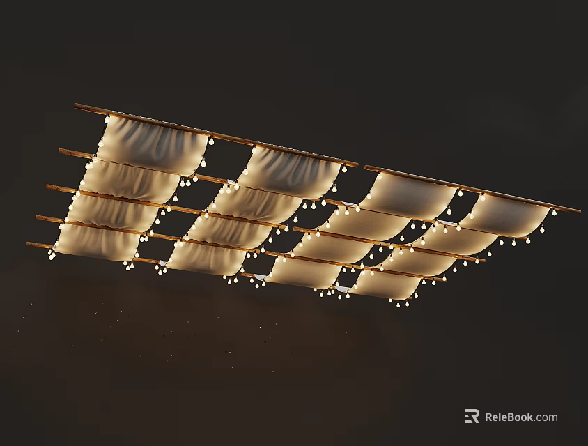 Decorative White Fabric Strips Hanging On Wooden Rack With String Lights 3d model