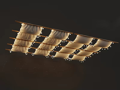Decorative White Fabric Strips Hanging On Wooden Rack With String Lights 3d model
