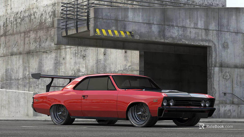 Red Muscle Car Parked at Concrete Building Garage Entrance with Rear Spoiler 3d model 