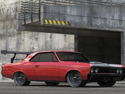 Red Muscle Car Parked at Concrete Building Garage Entrance with Rear Spoiler 3d model