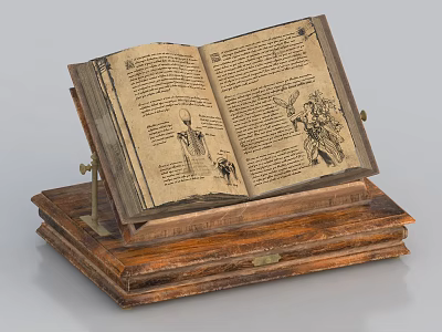 Open Old Book with Illustrations and Text on Wooden Display Stand 3d model