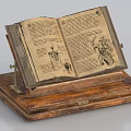 Open Old Book with Illustrations and Text on Wooden Display Stand