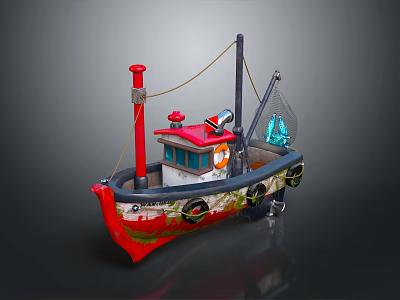 Colorful Toy Fishing Boat Model With Red Chimney Blue Windows And Green Mossy Hull 3d model