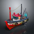 Colorful Toy Fishing Boat Model With Red Chimney Blue Windows And Green Mossy Hull