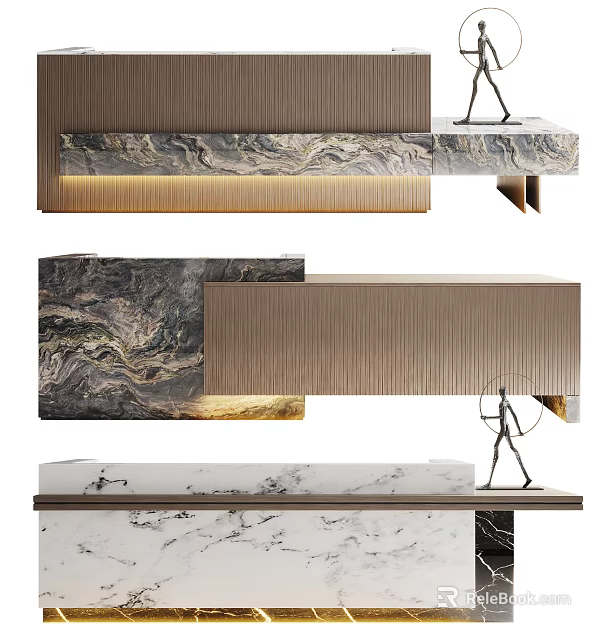 Modern Elegant Reception Desk Design With Marble Surface And Metal Striped Panels 3d model 