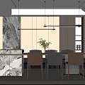 Elegant Modern Restaurant Interior With Marble Tabletop Dining Table Chairs Pendant Lights And Plants
