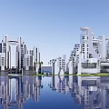 Modern White Hotel Building With Unique Architecture Water Reflection And Greenery