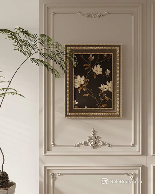 Abstract Painting With Golden Frame Black Background White Flowers And Golden Branches On Decorative Wall 3d model 