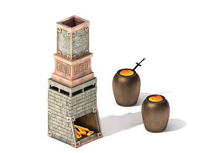 Brick Built Fireplace With Flames Inside And Two Clay Pots Nearby 3d model