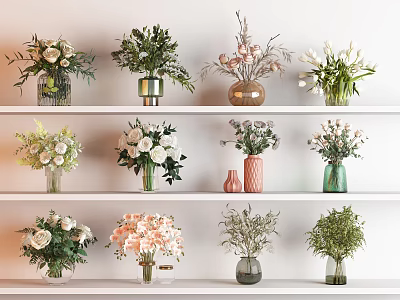 Various Color Flower Vases With Different Flowers On White Shelves Indoor Decoration 3d model