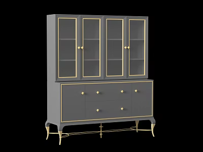 Elegant Gray Modern Sideboard With Glass Doors Golden Accents Drawers And Cabinets 3d model