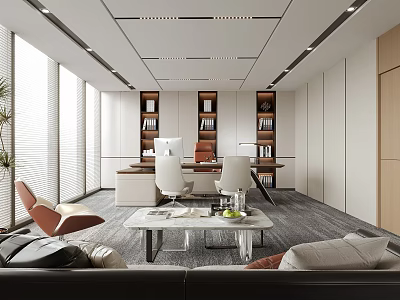 Modern Office Interior Design With Large Windows Bookshelves Sofa Desk And Carpet 3d model