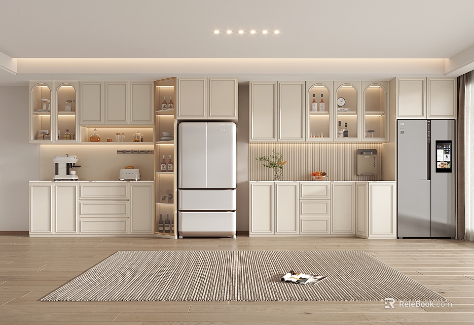 Modern Wine Cabinet With Glass Doors And LED Lighting In Open Kitchen Interior Design 3d model 