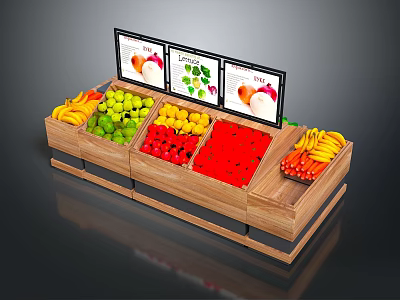 Daily Necessities Wooden Fruit Display Shelf With Fresh Fruits And Digital Screens Showing Vegetable 3d model