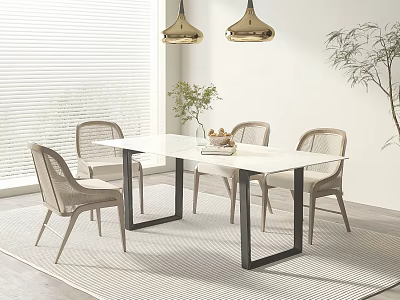 Modern Dining Table Set with White Surface Black Legs Light Chairs and Golden Pendant Lights 3d model