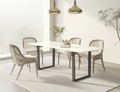 Modern Dining Table Set with White Surface Black Legs Light Chairs and Golden Pendant Lights 3d model