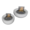 Two Round Concrete Fire Pits with Burning Flames and Decorative Pebbles Modern Design