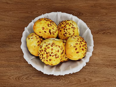 Bread Rolls With Seeds On White Plate Over Wooden Table 3d model