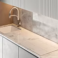 Modern Kitchen Interior Featuring Wooden Grey Striped And Silver Cabinets With Marble Countertop