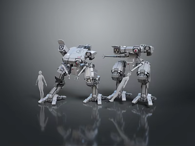 Human Character Standing Next To Different Robots In Modern Futuristic Setting 3d model