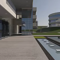 Modern Office Building Architectural Design With Water Pond Green Lawn And Reflections