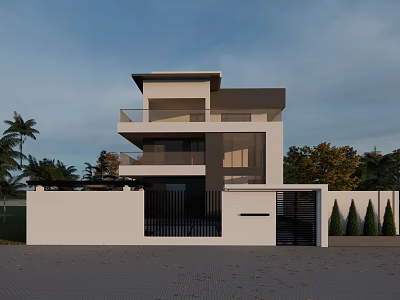 Modern Two Story Detached Villa With Balcony Wall Gate And Palm Trees 3d model