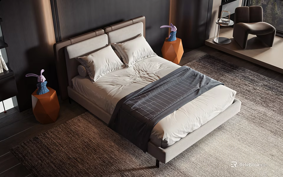 Modern Double Bed With Light Gray Headboard And Orange Hexagonal Nightstands With Purple Decor 3d model 