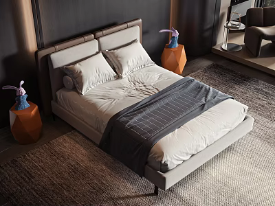 Modern Double Bed With Light Gray Headboard And Orange Hexagonal Nightstands With Purple Decor 3d model
