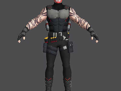 Game Movie Character In Black Gray Tactical Outfit With Tattooed Arms And Red Accent Helmet 3d model