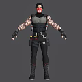 Game Movie Character In Black Gray Tactical Outfit With Tattooed Arms And Red Accent Helmet